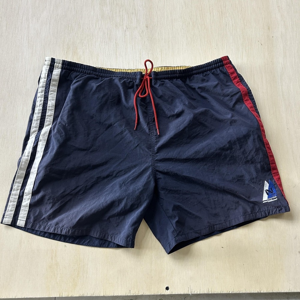 Y2K Nautica Swim Shorts XL Blue Striped Mesh Lined Drawstring Trunks Nautical